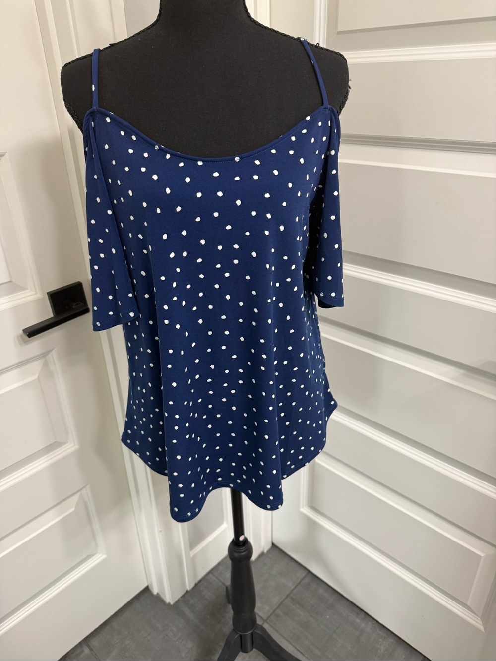 Kaileigh Navy and White Polka Dot Cold-Shoulder Top